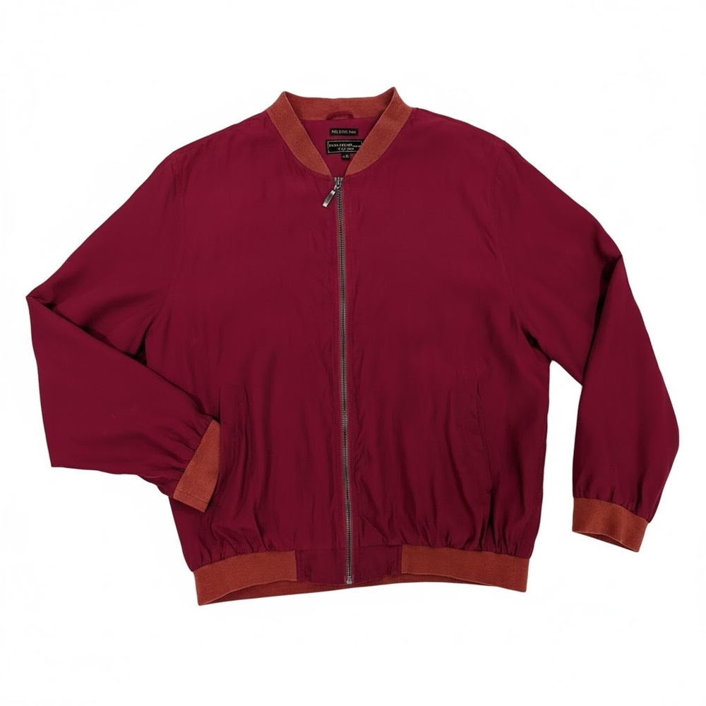 VTG 90s Rare 100% Silk Bomber Jacket Quiet Luxury Streetwear Maroon Men's Large